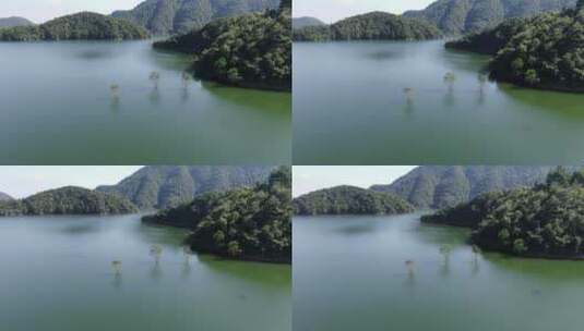 航拍太湖源景区里畈水库和周围的山林高清在线视频素材下载