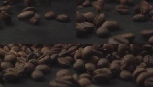 咖啡豆掉落在黑色桌子上旋转的特写镜头。宏高清在线视频素材下载