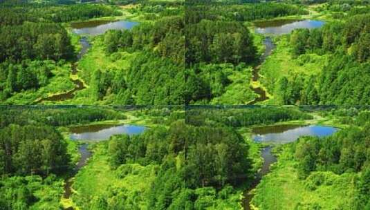 航拍绿色森林和蓝色河流高清在线视频素材下载