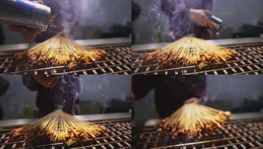 慢镜头升格拍摄新疆美食烧烤羊肉串高清在线视频素材下载
