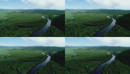 航拍绿色原野河湾风景高清在线视频素材下载