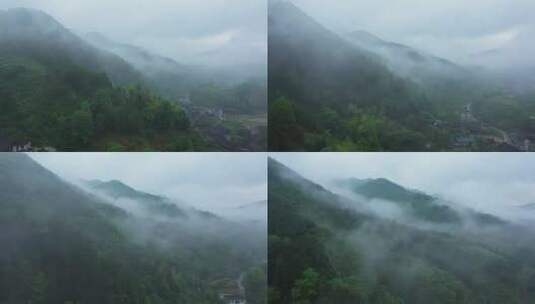 航拍烟雨缥缈的山村高清在线视频素材下载