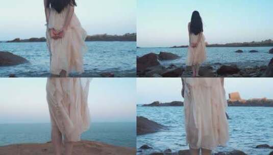 美女站在海边看海背影海风吹动裙子裙摆飘动高清在线视频素材下载
