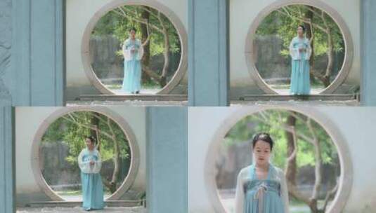 古装美女视频中国风圆形月亮门汉唐装扮侍女高清在线视频素材下载