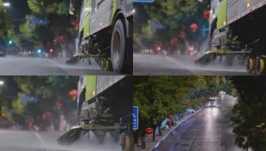 【合集】凌晨街道上作业的清洗扫地车高清在线视频素材下载