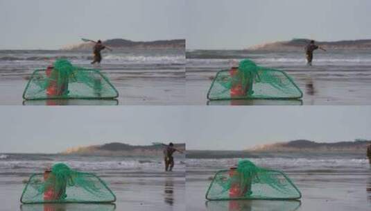 威海金海滩海边赶海的网与渔民高清在线视频素材下载