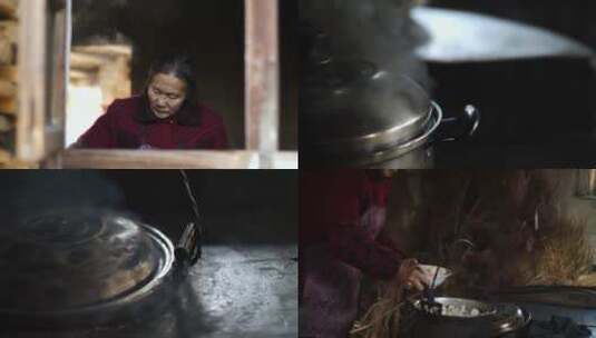 农村老人厨房做柴火饭4k素材高清在线视频素材下载