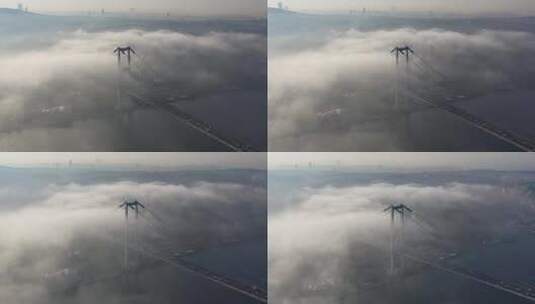 土耳其伊斯坦布尔雾天博斯普鲁斯桥的航拍视频。7月15日烈士桥04高清在线视频素材下载