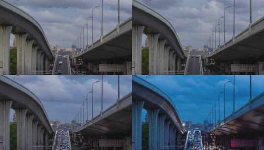 8K上海虹桥高架下班日落飞机降落航线高清在线视频素材下载
