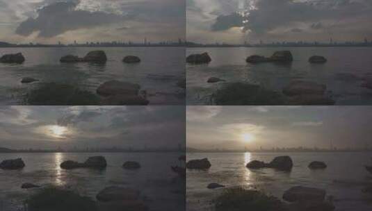 航拍武汉东湖梅园码头黄昏湖面高清在线视频素材下载