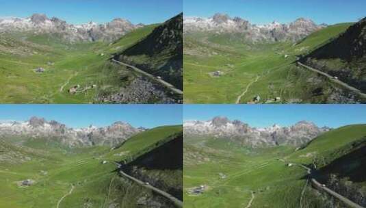 房车房车驾驶法国阿尔卑斯山的Col de la Croix de Fer山口-空中跟踪高清在线视频素材下载