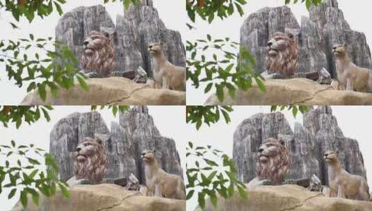 假山上面的雕塑狮子高清在线视频素材下载
