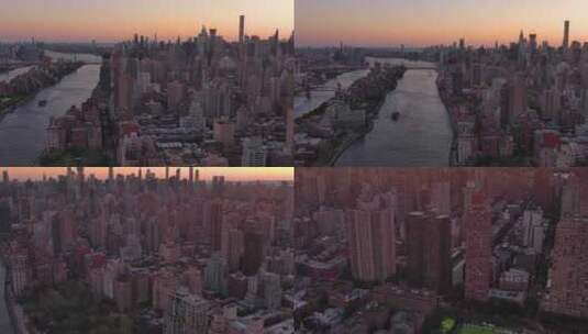 航拍纽约曼哈顿上东区哈德逊河摩天大楼日出高清在线视频素材下载
