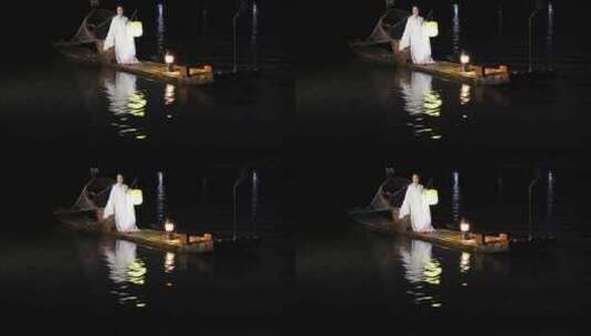 桂林山水 漓江竹筏古装汉服美女挑起渔火高清在线视频素材下载