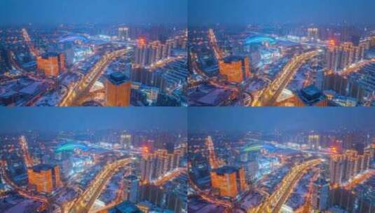 沈阳城市冬季夜景繁华街道车流航拍延时高清在线视频素材下载