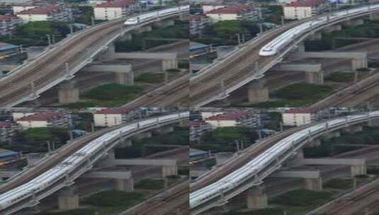 竖屏高角度拍摄一列和谐号动车通过铁路桥高清在线视频素材下载