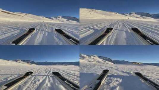 第一视角拍摄高速滑行的滑雪板高清在线视频素材下载