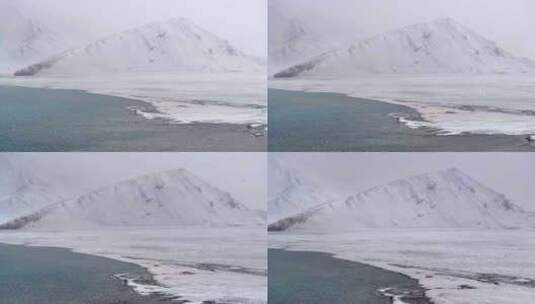 新疆喀拉库里湖喀湖下雪天航拍高清在线视频素材下载