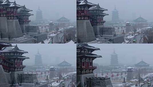 航拍洛阳应天门雪景高清在线视频素材下载