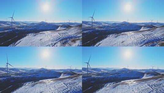 冬季承德丰宁坝上风电蓝天白云雪景航拍高清在线视频素材下载