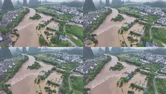 桂林夏季暴雨洪水航拍高清在线视频素材下载