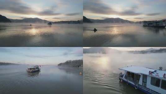 小雾凇岛吉林雾凇岛清晨湖面雾气航拍高清在线视频素材下载