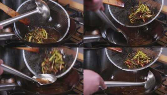 厨师炸制葱姜五香料油 (2)高清在线视频素材下载