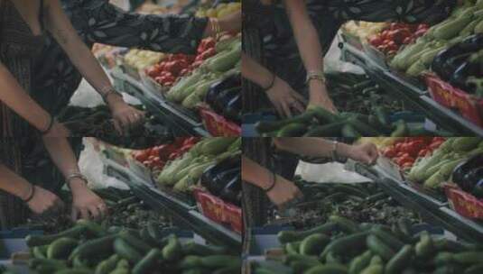 女人在市场挑选水果蔬菜高清在线视频素材下载