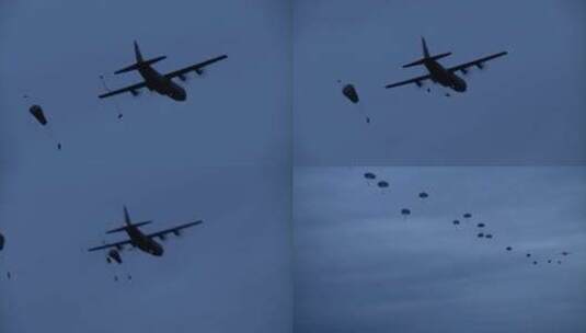 夜间伞兵从军用飞机上跳下的各种视图高清在线视频素材下载