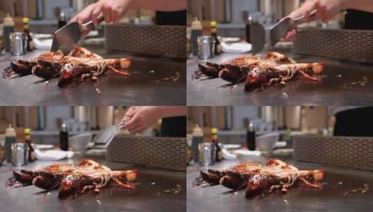 实拍美女厨师制作铁板烧波士顿龙虾高清在线视频素材下载