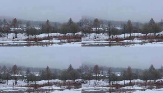 大兴安岭春季下雪时林场山村高清在线视频素材下载