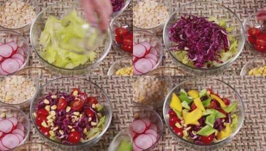 【镜头合集】各种蔬菜搭配制作营养沙拉高清在线视频素材下载