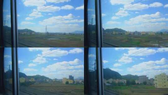 高铁动车窗外蓝天白云乡村景观高清在线视频素材下载