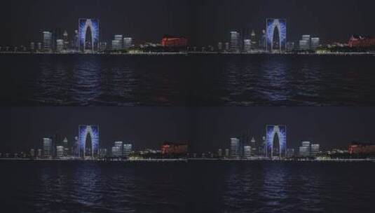 苏州金鸡湖风景区与沿岸建筑东方之门高清在线视频素材下载