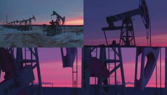 石油开采：日出时的钻井平台磕头机高清在线视频素材下载