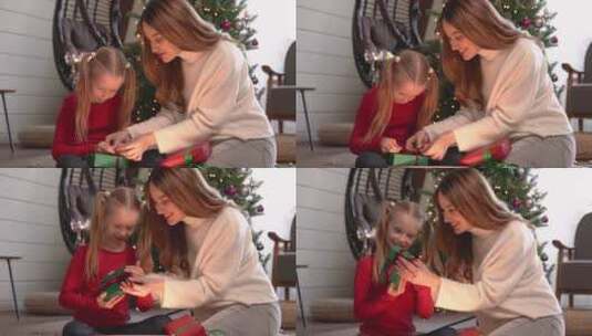 母女俩一起包装圣诞礼物高清在线视频素材下载