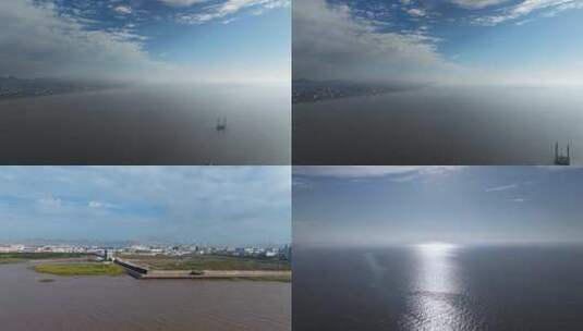 航拍清晨雾蒙蒙的海岸线高清在线视频素材下载