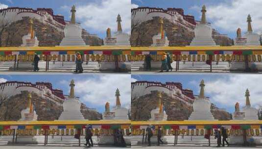 西藏拉萨布达拉宫下宗角禄康白塔转经的信众高清在线视频素材下载