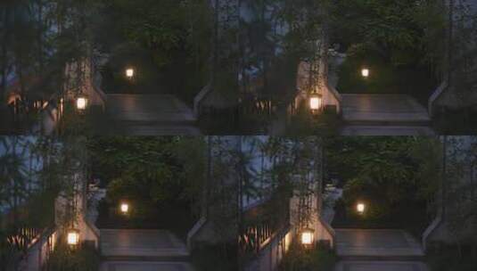 晚上中式传统园林建筑过道路灯夜景高清在线视频素材下载