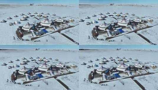 内蒙古呼伦贝尔呼和诺尔雪原蒙古包航拍高清在线视频素材下载