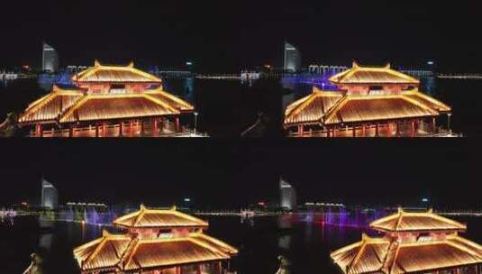 航拍鄂州夜景水上激光音乐五彩喷泉高清在线视频素材下载