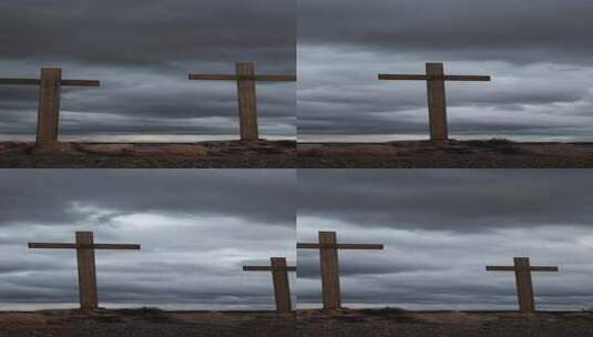 垂直视频不祥的风暴云与三个基督教十字架潘高清在线视频素材下载