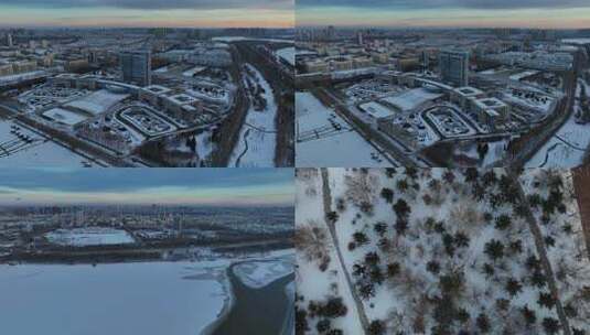 冬季冰雪覆盖的北方城市多视角高清在线视频素材下载