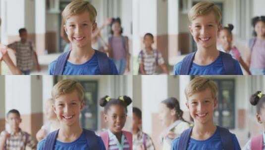 快乐的高加索男孩站在学校走廊的视频高清在线视频素材下载