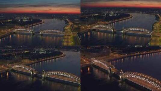 涅瓦河和Bolsheokhtinsky大桥上的夜间飞行高清在线视频素材下载