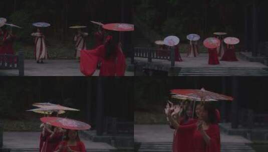 湖北宜昌红裙古装撑伞跳舞地拍高清在线视频素材下载