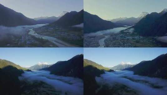 航拍西藏林芝波密县城清晨云雾山脉河流高清在线视频素材下载