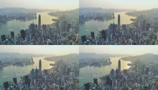 香港城市建筑金色阳光洒在海面上航拍4K高清在线视频素材下载