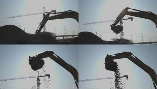 建筑工地挖掘机做业剪影高清在线视频素材下载