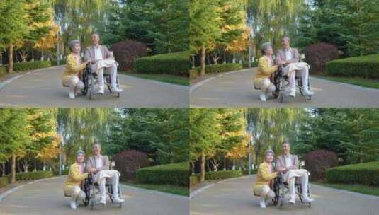 推轮椅在公园的老人 陪伴高清在线视频素材下载